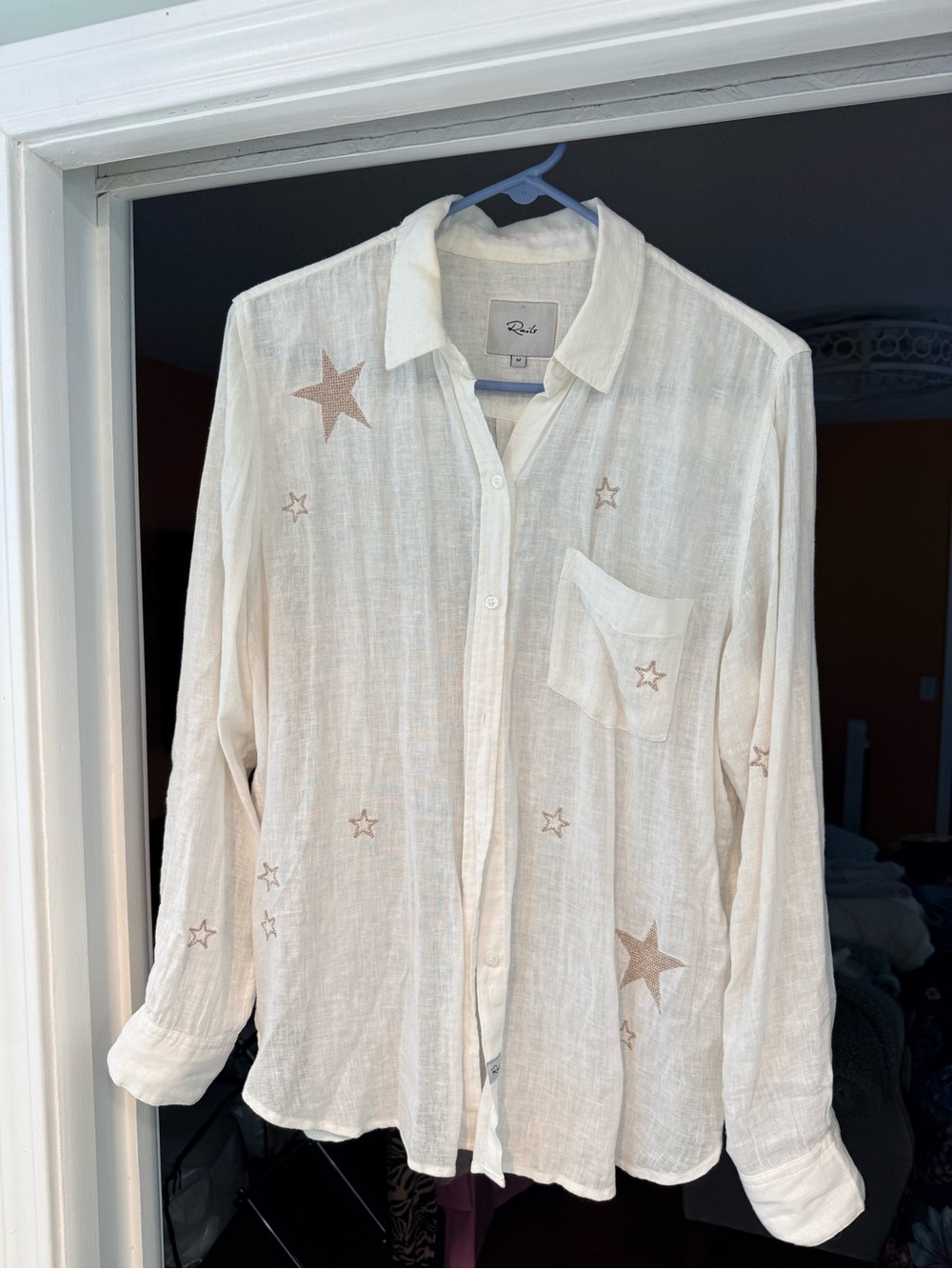Rails Charli White Linen Star Embroidered Shirt Rose Gold M